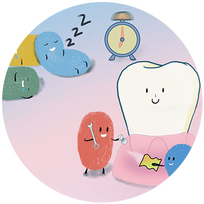 Cutesy illustration of cells repairing and cleaning gums of a tooth