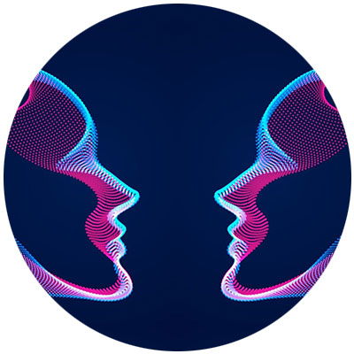 Graphic of 2 abstract pink and blue faces looking at each other on a dark background
